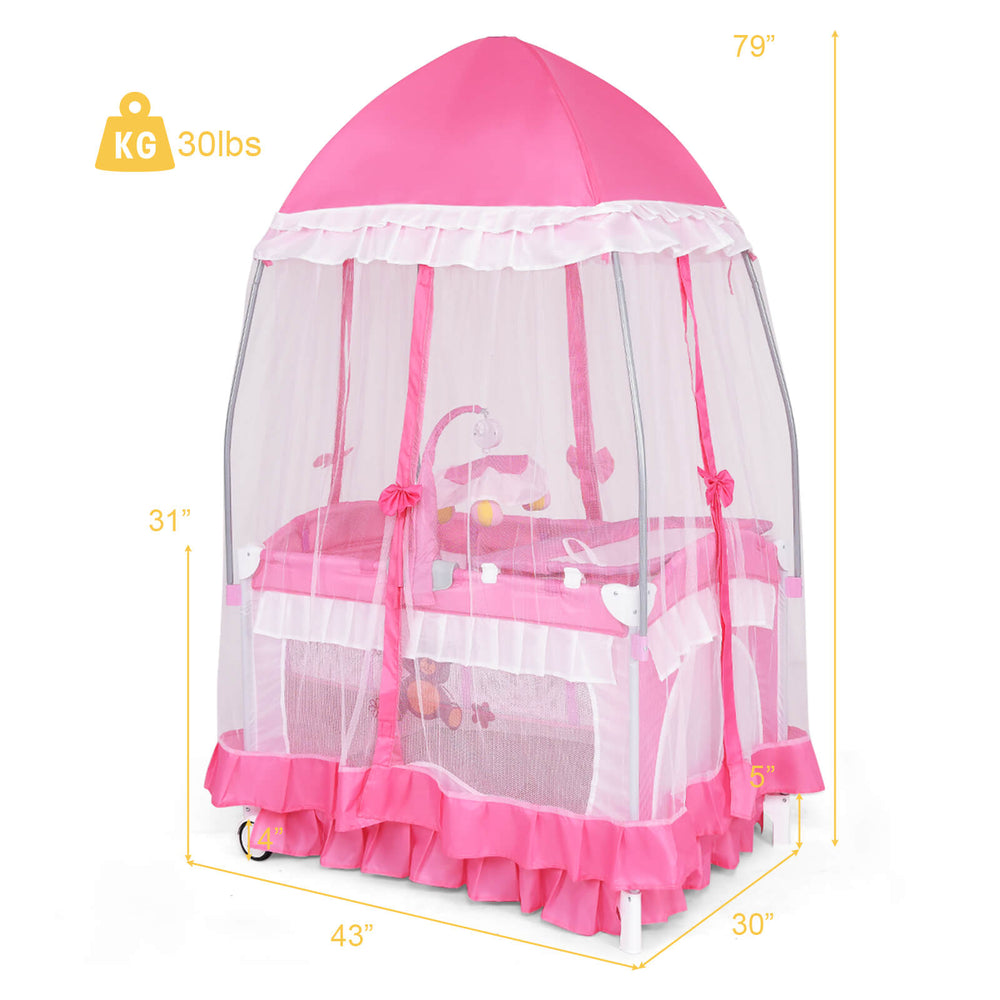 Portable pink baby playpen crib with mosquito net, diaper changing pad, and wheels for easy mobility, perfect for.
