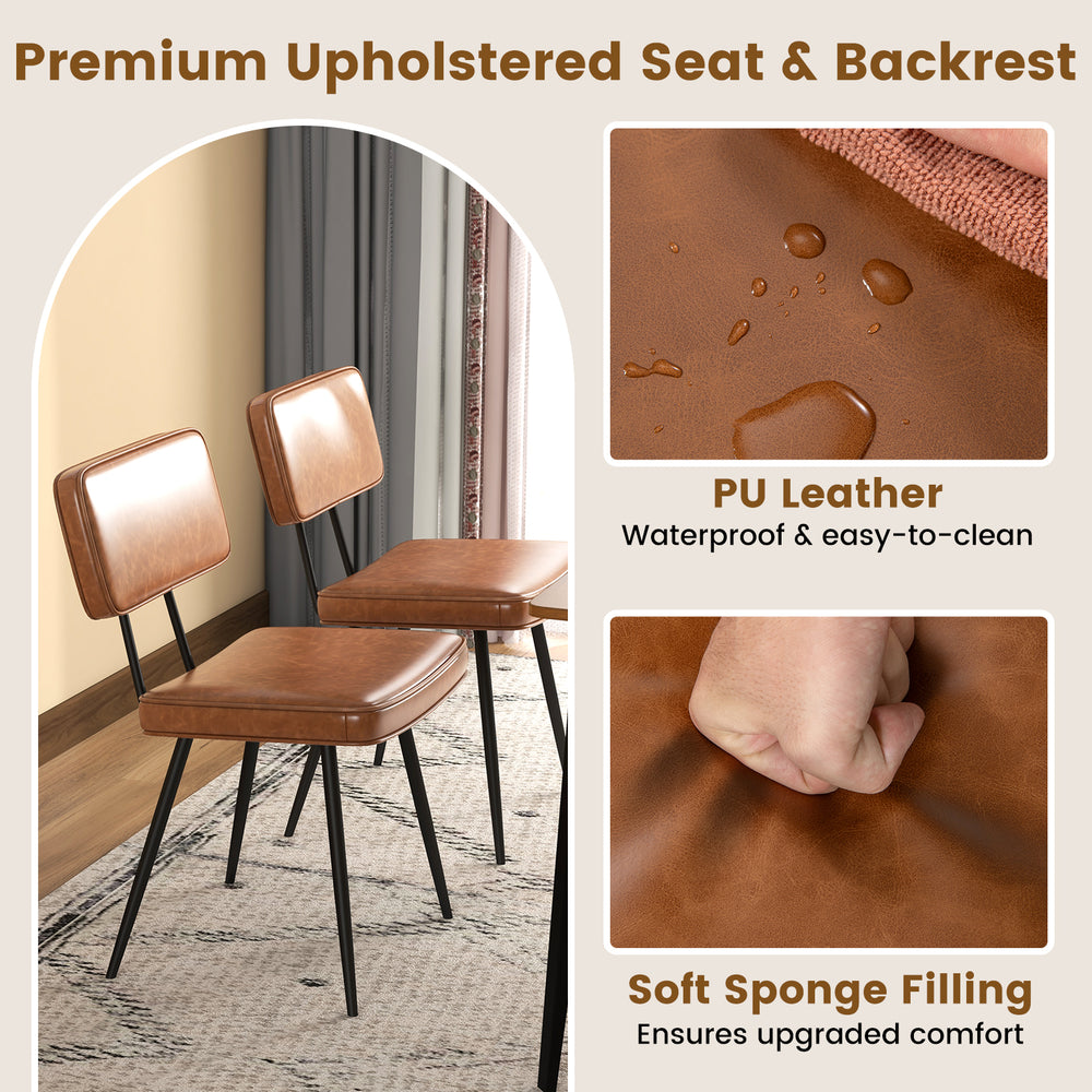 Brown dining chair set of 2 with padded backrest, waterproof PU leather, and soft sponge filling for comfort.