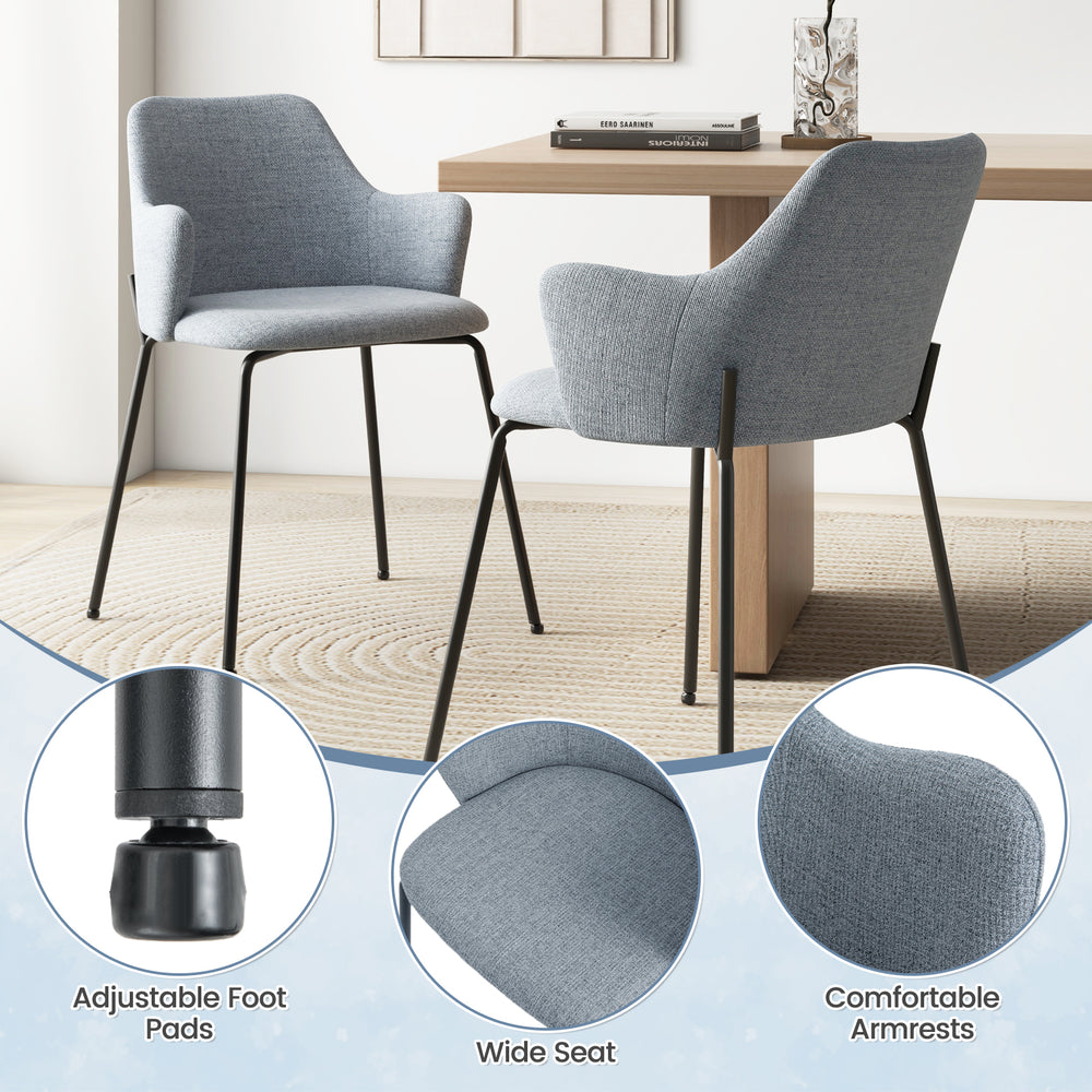 Dining chairs set of 2 in gray with curved backrest, wide seat, and armrests for comfortable dining experiences.