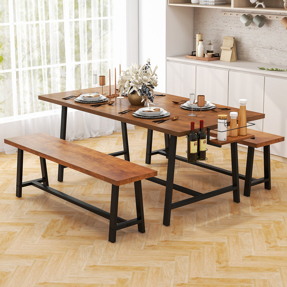 Dining table set for 5-7 featuring a wooden top, metal frame, and built-in wine rack for stylish dining experiences.