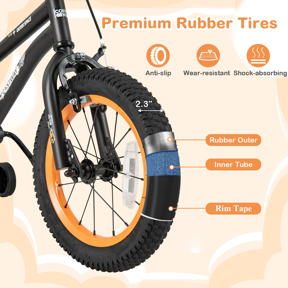 Close-up of the 14-inch kids bike tire featuring anti-slip, shock-absorbing rubber for safe riding.