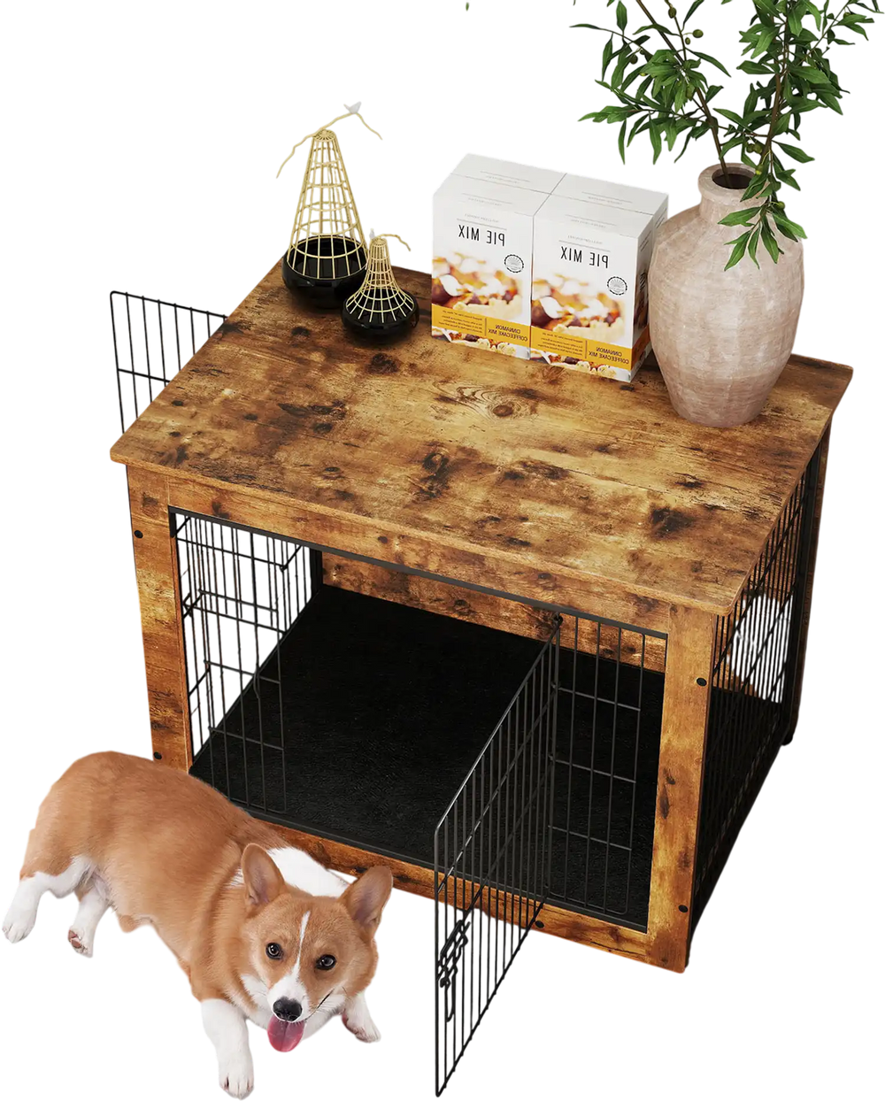 Dog crate furniture with double doors and cushion, ideal for small/medium dogs, used as an end table in a cozy setting.