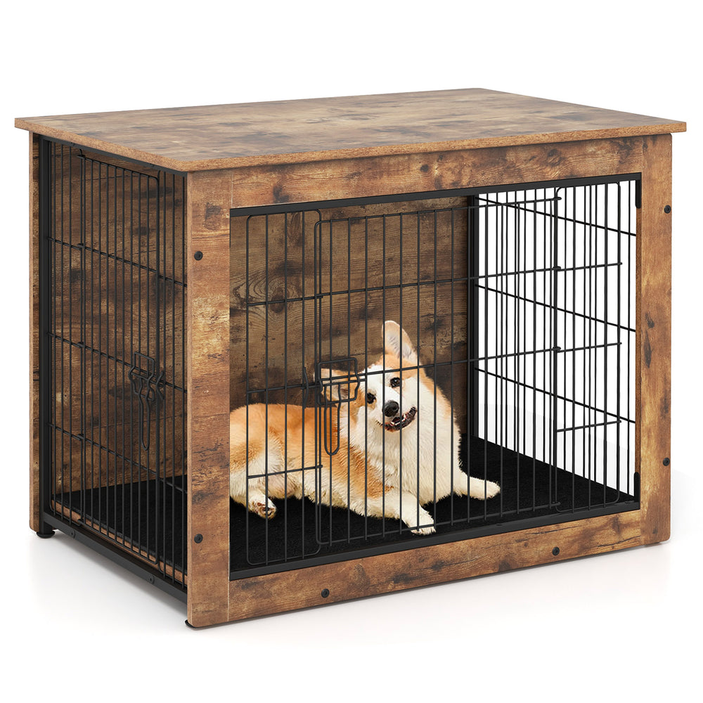 Dog crate furniture with double doors and a cozy cushion, perfect for small to medium dogs, serving as an end table.
