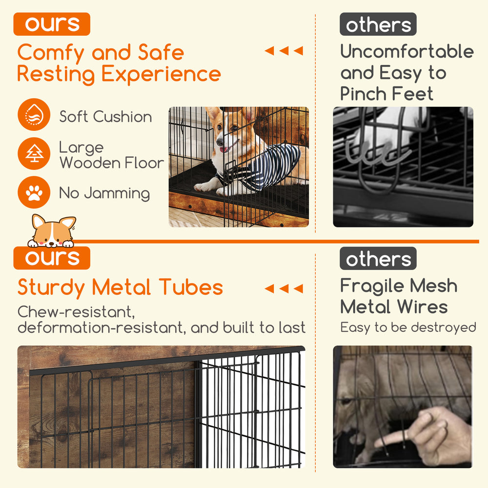 Cozy dog crate furniture with a large padded cushion and double doors, ideal for small and medium dogs.