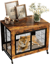 Industrial dog kennel in rustic brown with flip-up top, lockable doors, and removable tray for easy cleaning and access.