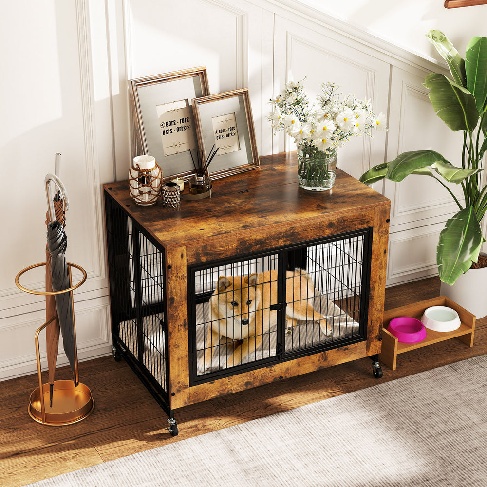 Industrial Dog Kennel with Flip-up Top 3 Lockable Doors and Removable Tray-Rustic Brown - Gallery View 1 of 10