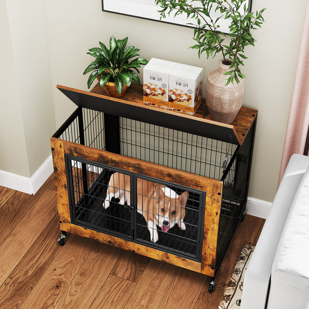 Spacious tabletop of the Industrial Dog Kennel in rustic brown, perfect for keeping belongings within reach and.