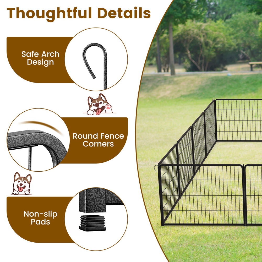 Detail view of the 16-panel dog playpen showcasing rounded corners, non-slip pads, and safe arch design for stability.