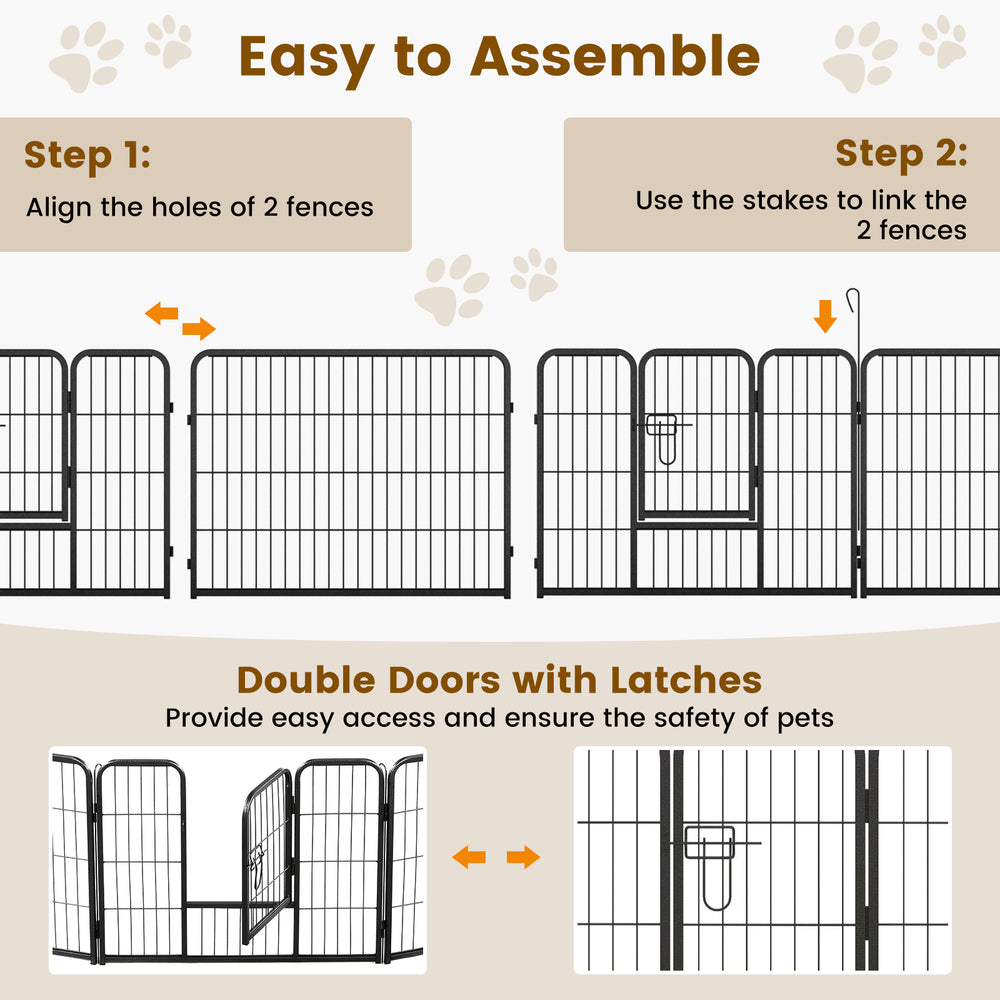 16-panel dog playpen with a large door, featuring easy assembly steps and secure locks for pet safety indoors or.