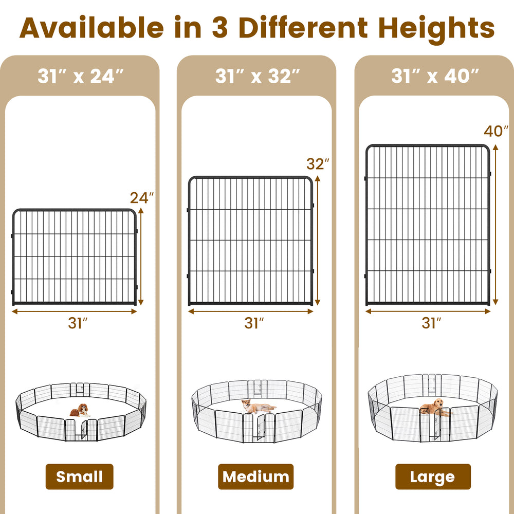 16-panel dog playpen in 24-inch height, featuring a secure lock, large door, and durable metal construction for.