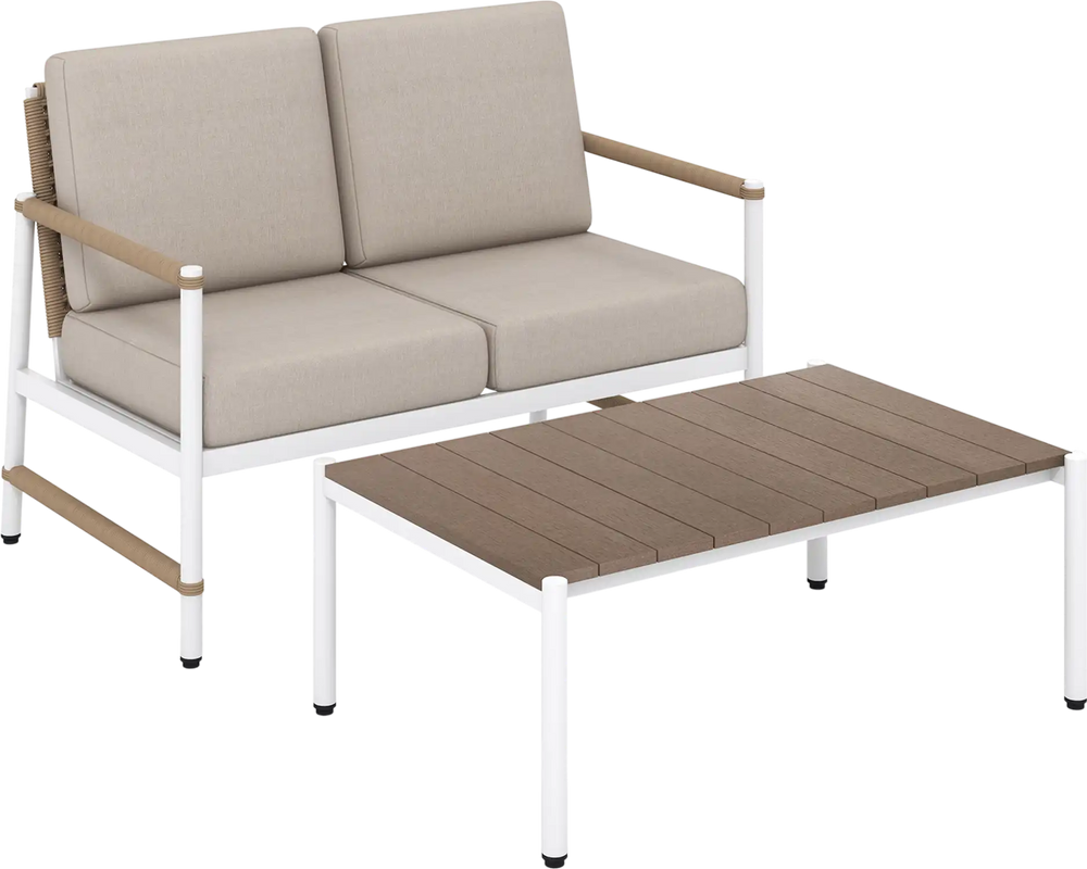 Patio Loveseat Sofa with Coffee Table Set with Thick Cushions