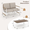 Patio loveseat sofa with thick cushions and coffee table, featuring aluminum frames and slatted PS tabletop for outdoor.
