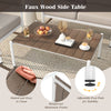Faux wood slatted tabletop side table with adjustable foot pads, perfect for outdoor patio or poolside use.