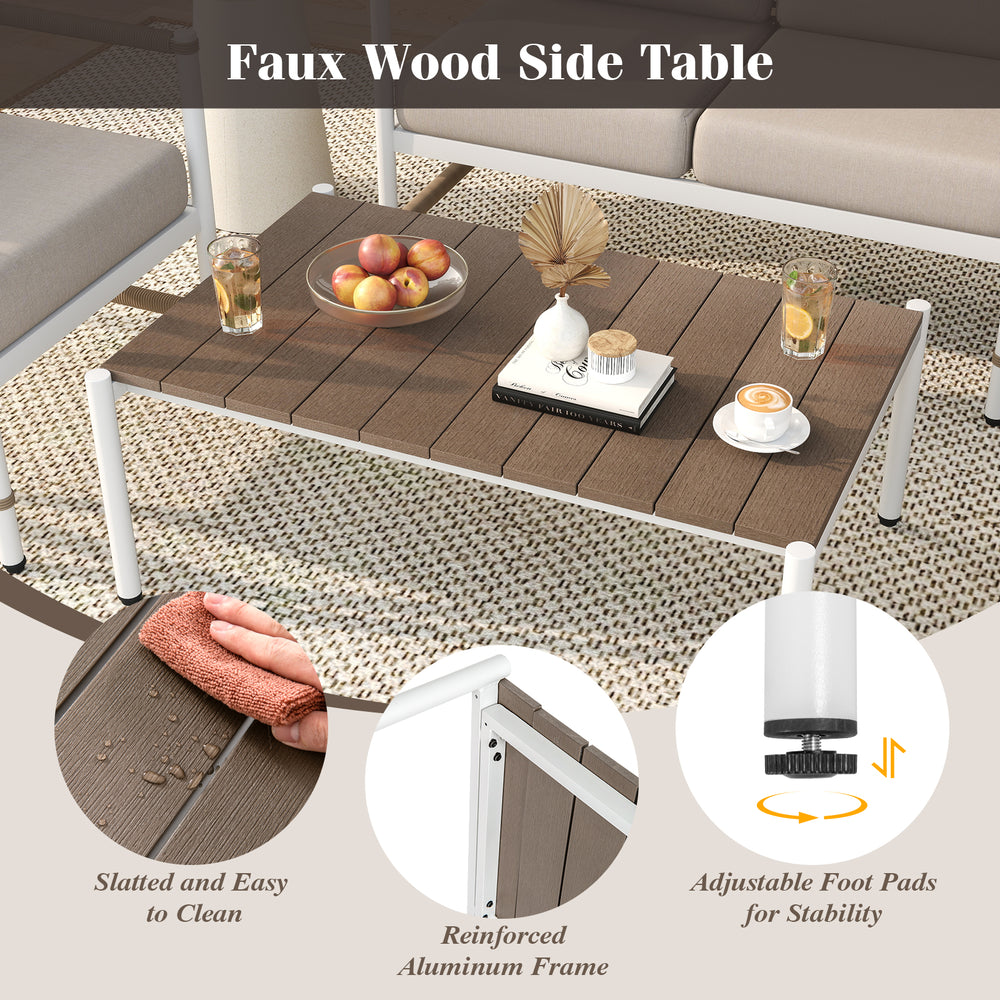 Faux wood slatted tabletop side table with adjustable foot pads, perfect for outdoor patio or poolside use.