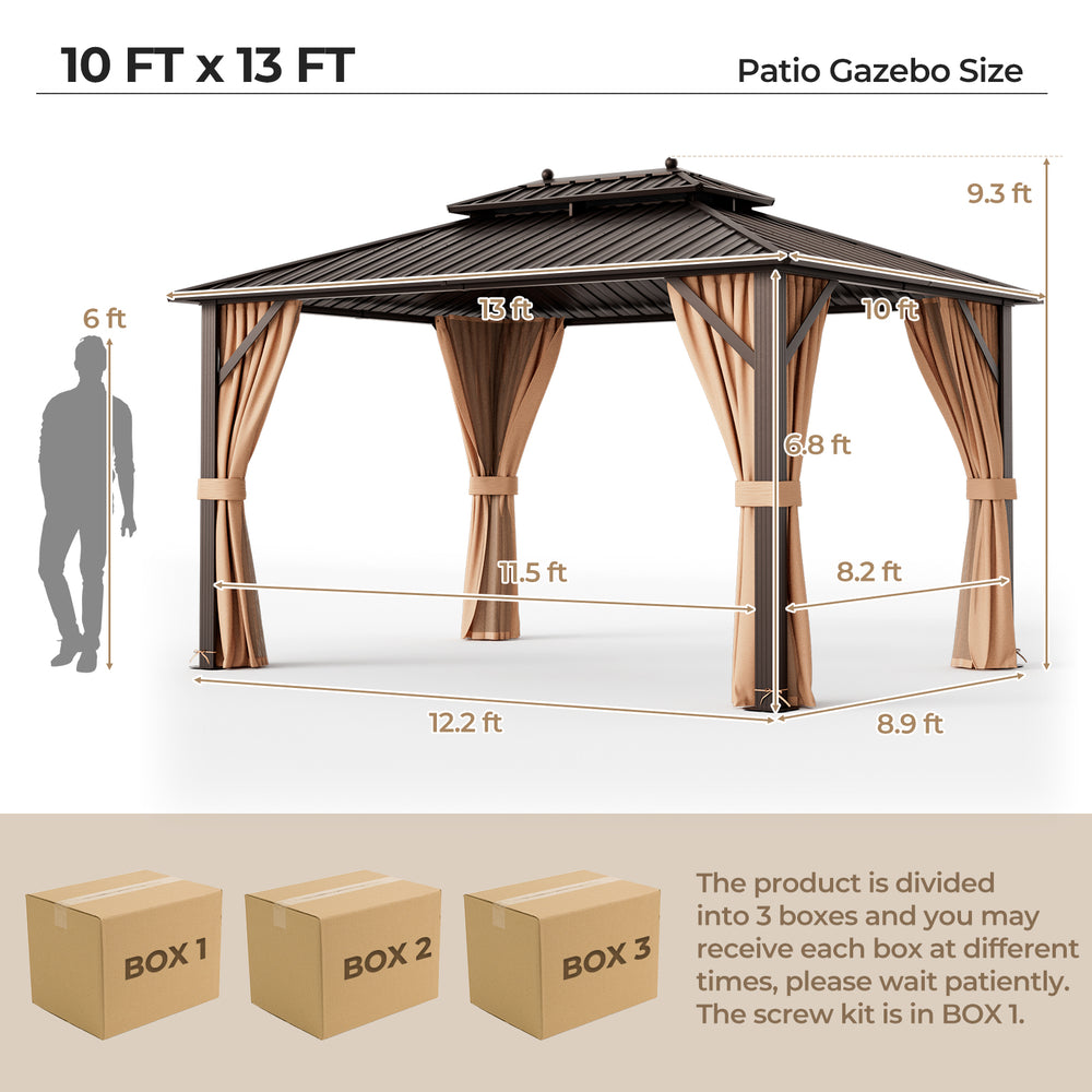 10x13ft double-roof patio gazebo with galvanized steel roof, featuring curtains and netting for outdoor comfort and.