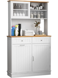 Double tilt out trash cabinet with hutch and rubber wood countertop, featuring glass doors and adjustable shelves for.