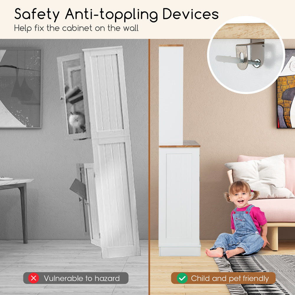 Double tilt out trash cabinet with rubber wood countertop, featuring safety anti-toppling devices for secure wall.