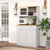 Double tilt out trash cabinet with hutch, rubber wood countertop, and tempered glass doors for organized kitchen.