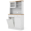 Double tilt-out trash cabinet with hutch, rubberwood countertop, and storage for waste bins or small appliances.