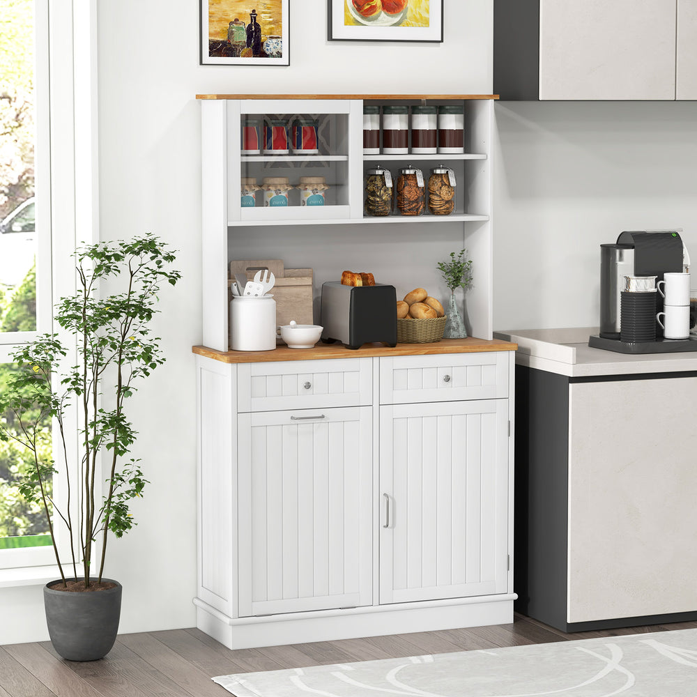 Double tilt-out trash cabinet with hutch and rubber wood countertop, featuring storage for kitchen essentials and pet.
