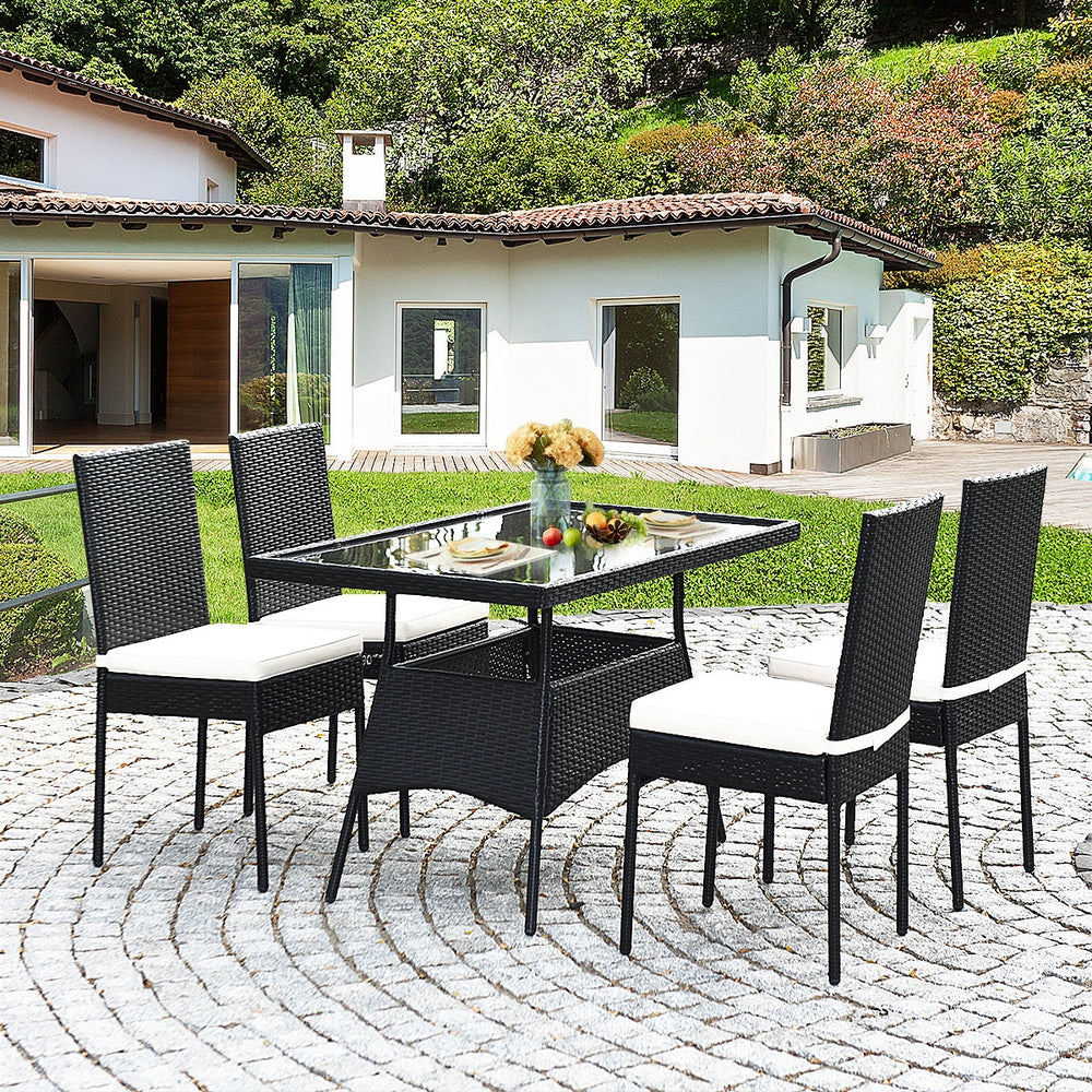 5 Pieces Outdoor Patio Rattan Dining Set with Glass Top with Cushions - Gallery View 1 of 13