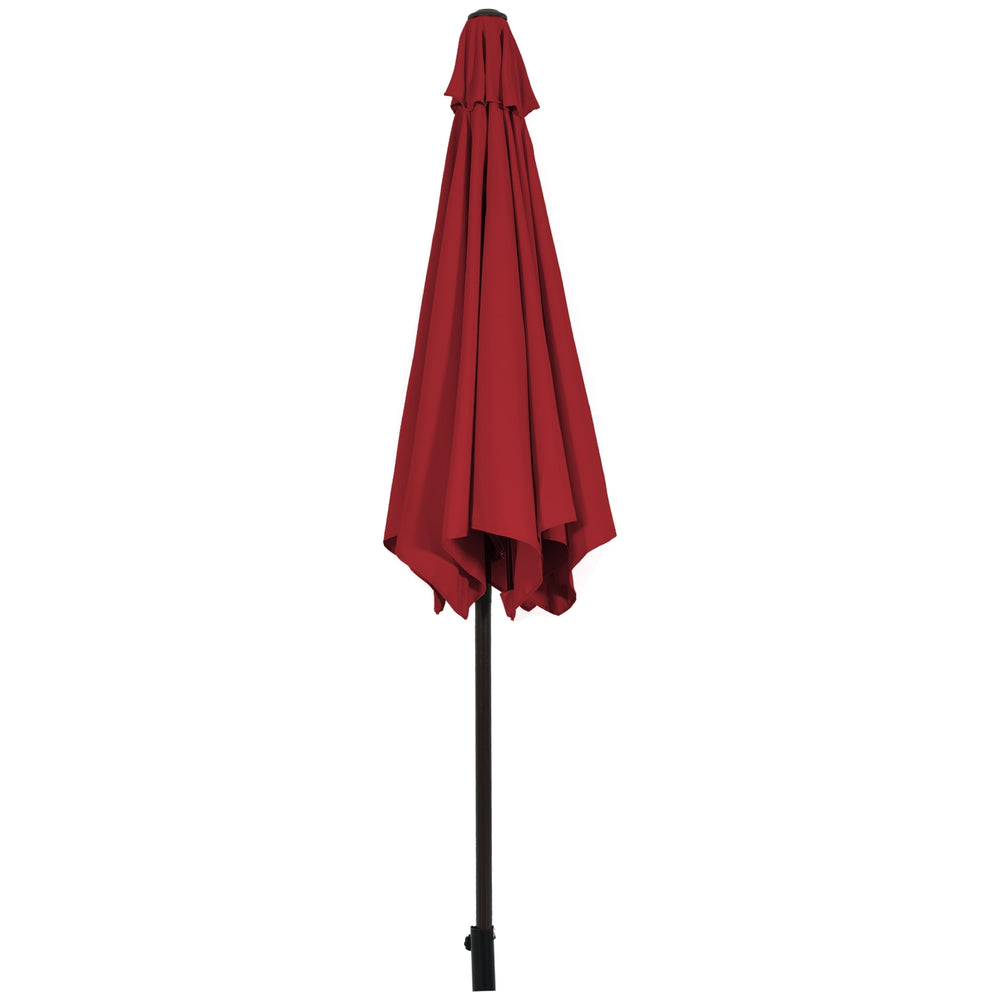 Dark red 10 feet outdoor patio umbrella with tilt adjustment, displayed upright to show its sturdy steel pole.