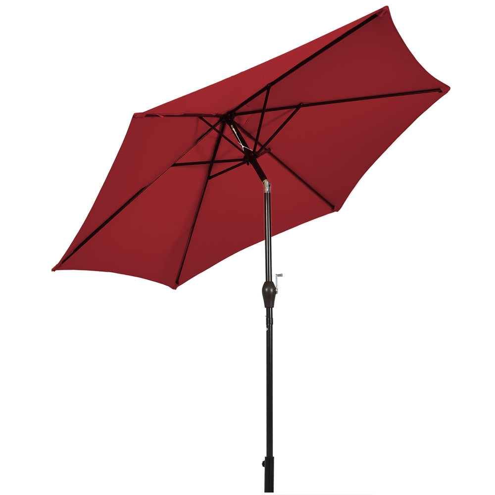 10 feet outdoor patio umbrella in dark red with a tilt adjustment, showcasing its large hexagonal shape for sun.