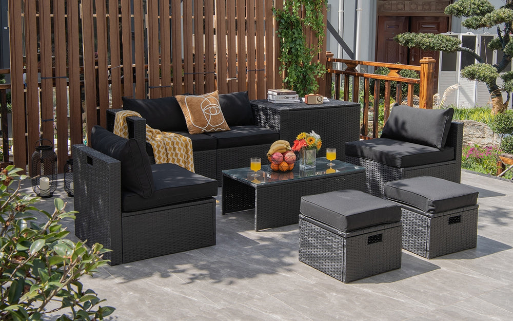 8 Pieces Patio Rattan Storage Table Furniture Set-Black - Gallery View 1 of 12