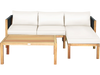 Acacia wood patio sofa set with white cushions and nylon rope armrests, perfect for outdoor relaxation and gatherings.