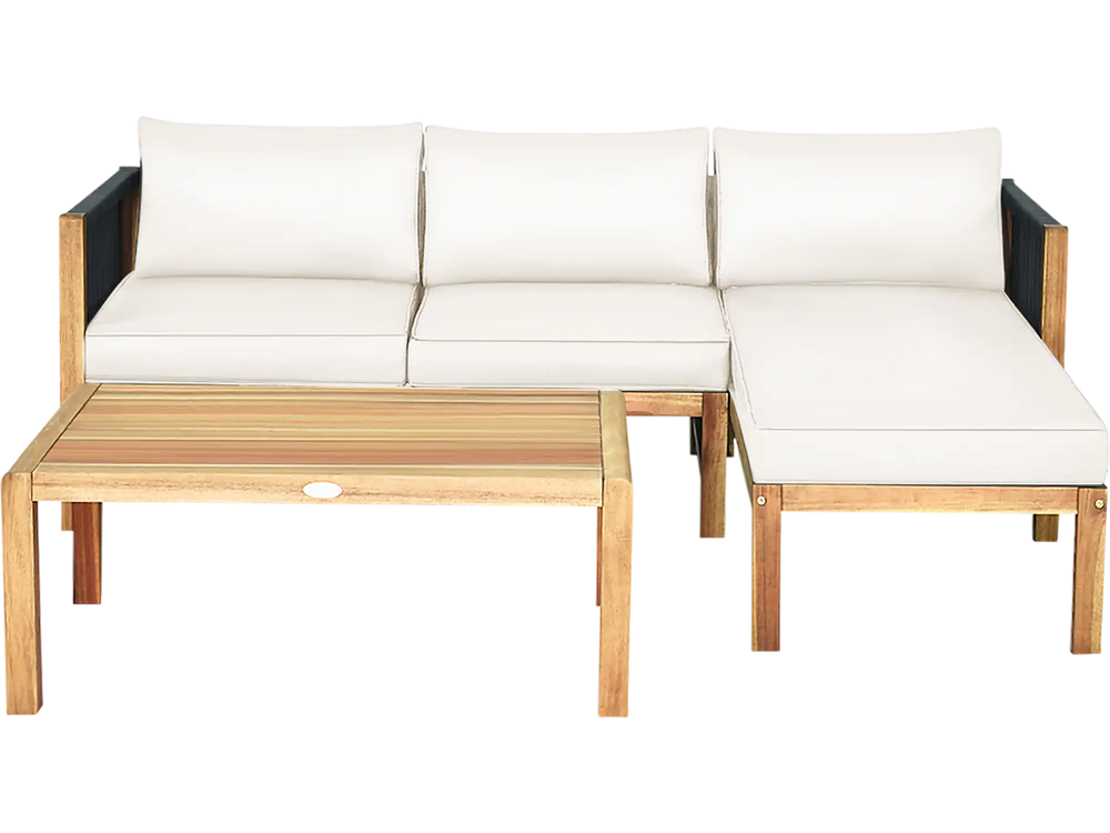 Acacia wood patio sofa set with white cushions and nylon rope armrests, perfect for outdoor relaxation and gatherings.