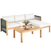 L-shaped patio sofa set with acacia wood frame, nylon rope armrest, and thick cushions, perfect for outdoor relaxation.