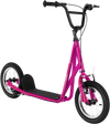 Height adjustable pink kick scooter with 12" air filled wheels, suitable for kids over 8, featuring a non-slip deck.