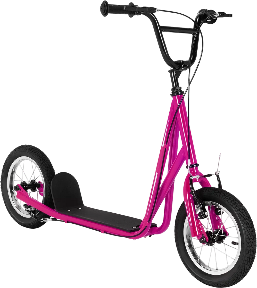 Height adjustable pink kick scooter with 12" air filled wheels, suitable for kids over 8, featuring a non-slip deck.