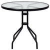 32-inch round patio table with a sleek tempered glass surface and durable black steel frame, perfect for outdoor dining.