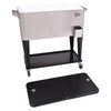 Stainless steel 80 quart rolling ice beverage cooler with two access lids, bottom shelf, and locking casters for easy.