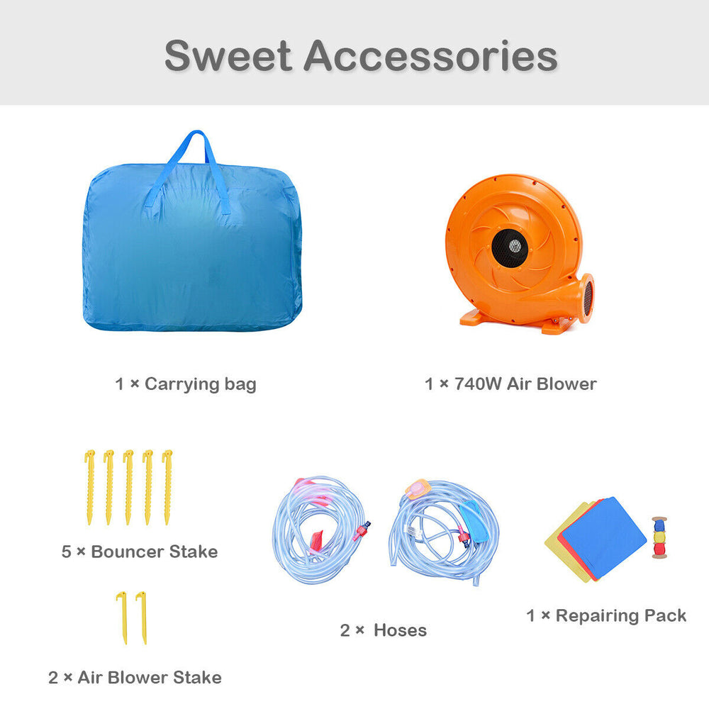Carrying bag, 740W air blower, stakes, hoses, and repair pack for inflatable water slide bounce house accessories.