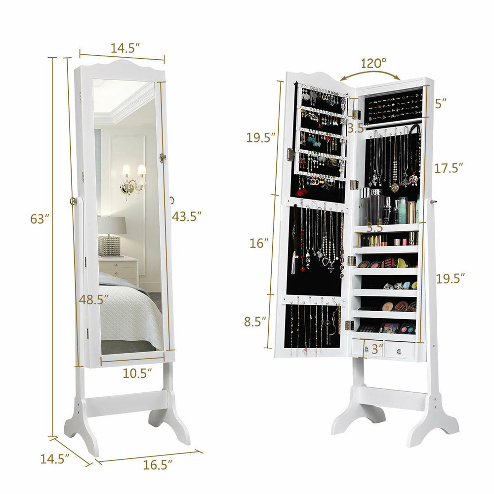 Full-length mirror jewelry armoire in white with LED lights, featuring 4 tilting angles and spacious storage for.