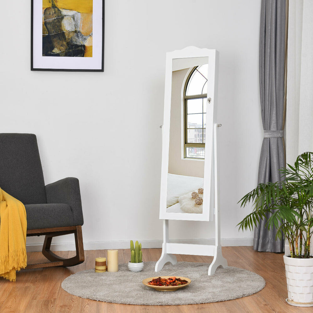 Jewelry armoire cabinet in white with full-length mirror and LED lights, showcasing its elegant design and tilting.