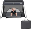 Lightweight foldable baby playpen in dark gray with breathable mesh, zipper door, and soft mattress for comfortable.