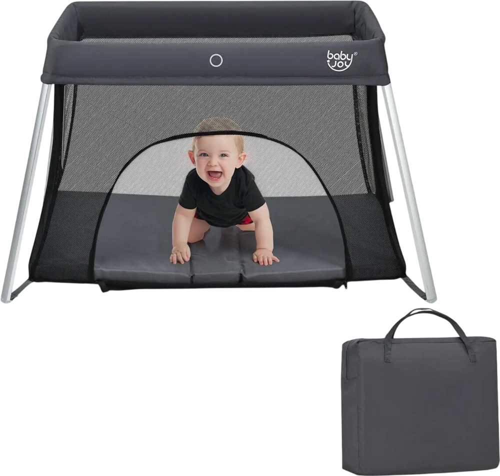 Lightweight foldable baby playpen in dark gray with breathable mesh, zipper door, and soft mattress for comfortable.