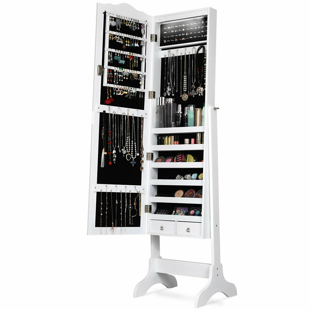 Jewelry armoire cabinet in white with full-length mirror, LED lights, and organized storage for jewelry and accessories.
