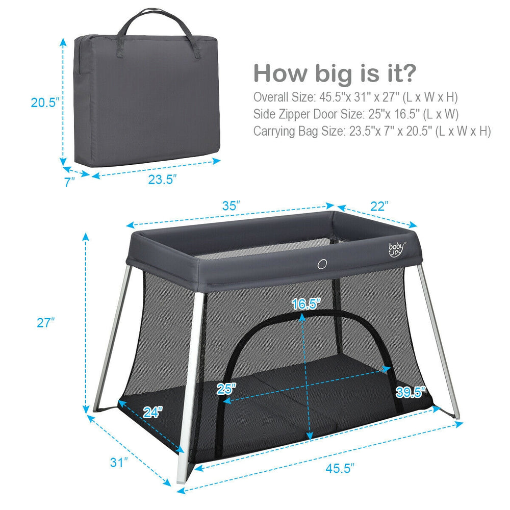 Lightweight foldable baby playpen in dark gray with breathable mesh, zipper door, and carrying bag for easy transport.