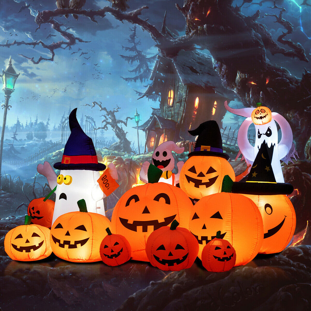 Halloween inflatable featuring 7 pumpkins and a ghost, with LED lights for outdoor decoration and festive fun.