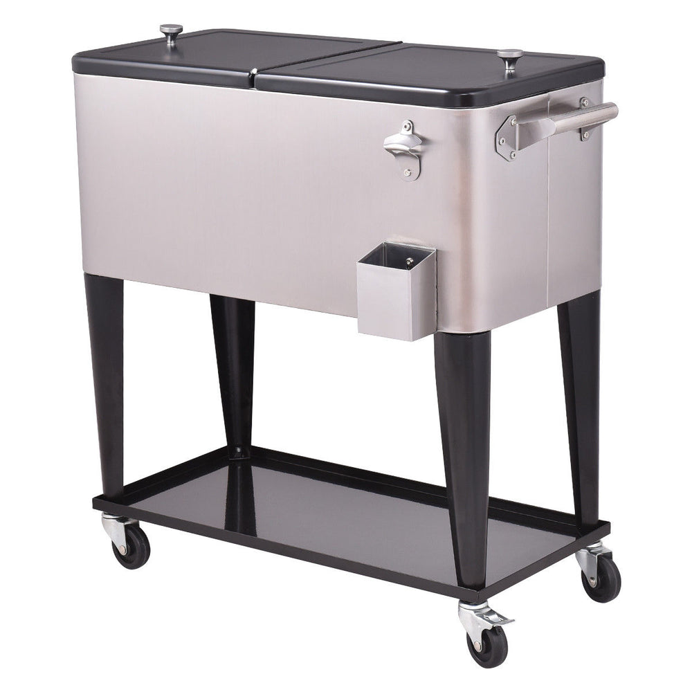 Stainless steel 80 quart patio rolling ice beverage cooler with locking casters and dual access lids for easy drink.