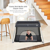 Lightweight foldable baby playpen in dark gray with zipper door, breathable mesh, and soft mattress for comfortable.