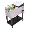 Stainless steel 80 quart rolling beverage cooler with two access lids, ice-filled, and bottom shelf for storage.