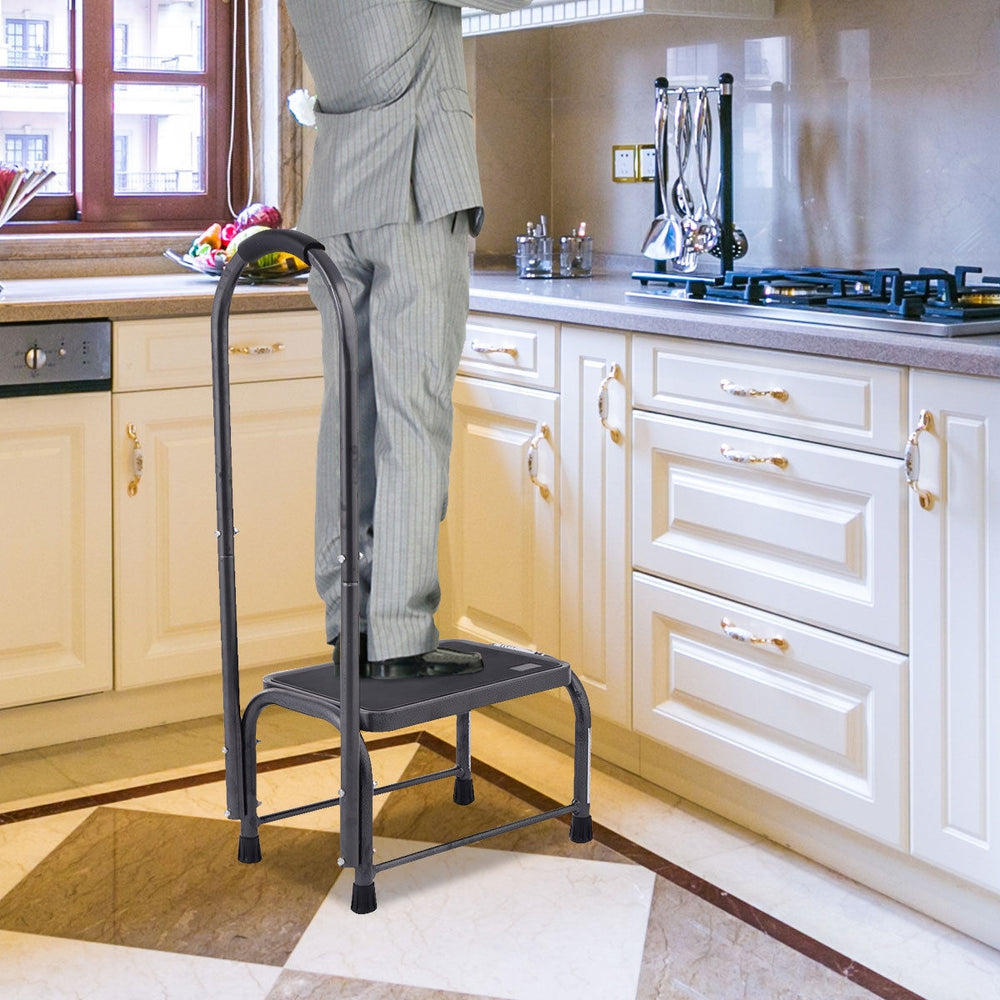 Heavy duty step stool with non-slip surface and safety handle, ideal for reaching high places in kitchens and offices.