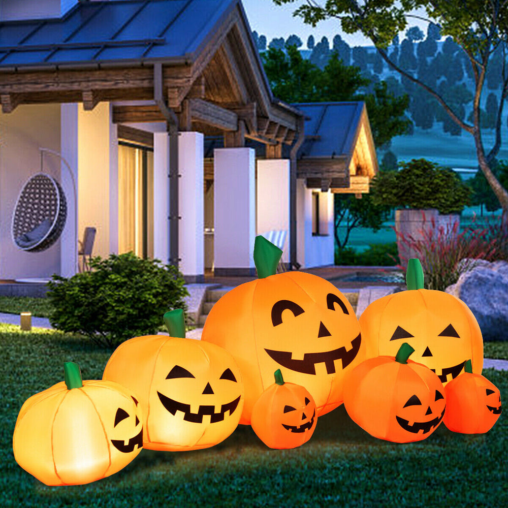 Inflatable 7.5 feet Halloween pumpkin patch with LED lights, perfect for outdoor decoration and festive fun.