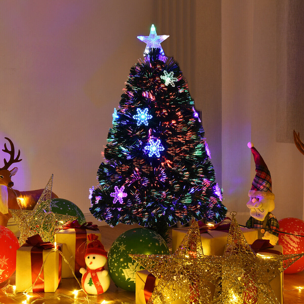 Colorful LED Optic Artificial Christmas Tree with snowflakes, 3 feet tall, perfect for holiday decor in any space.