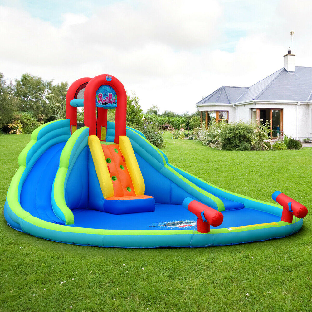Inflatable water slide bounce house with two slides, climbing wall, and splash pool for outdoor summer fun.